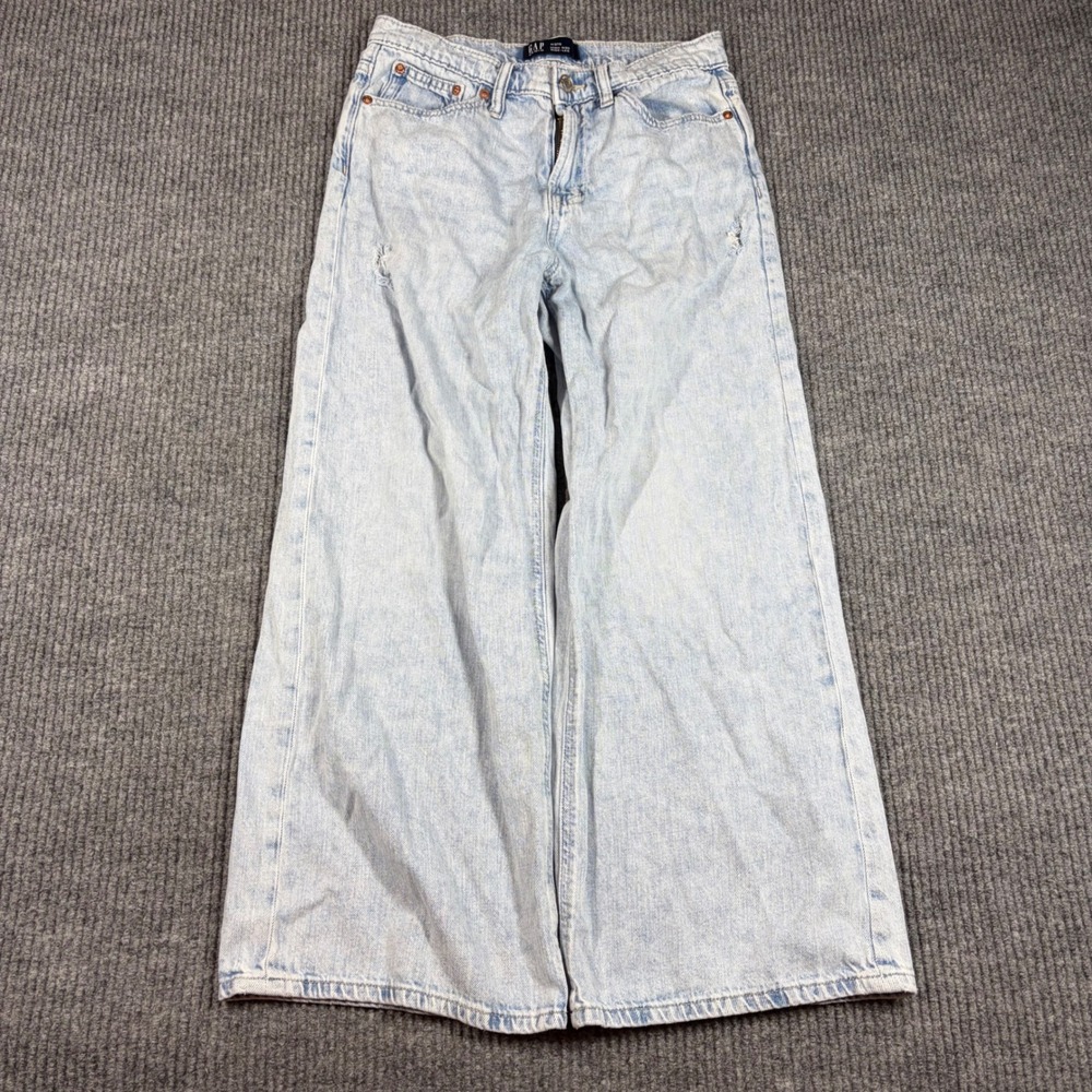 GAP‎ Jeans Womens 4/27S High Rise Wide Leg Denim Light Wash Distressed Blue